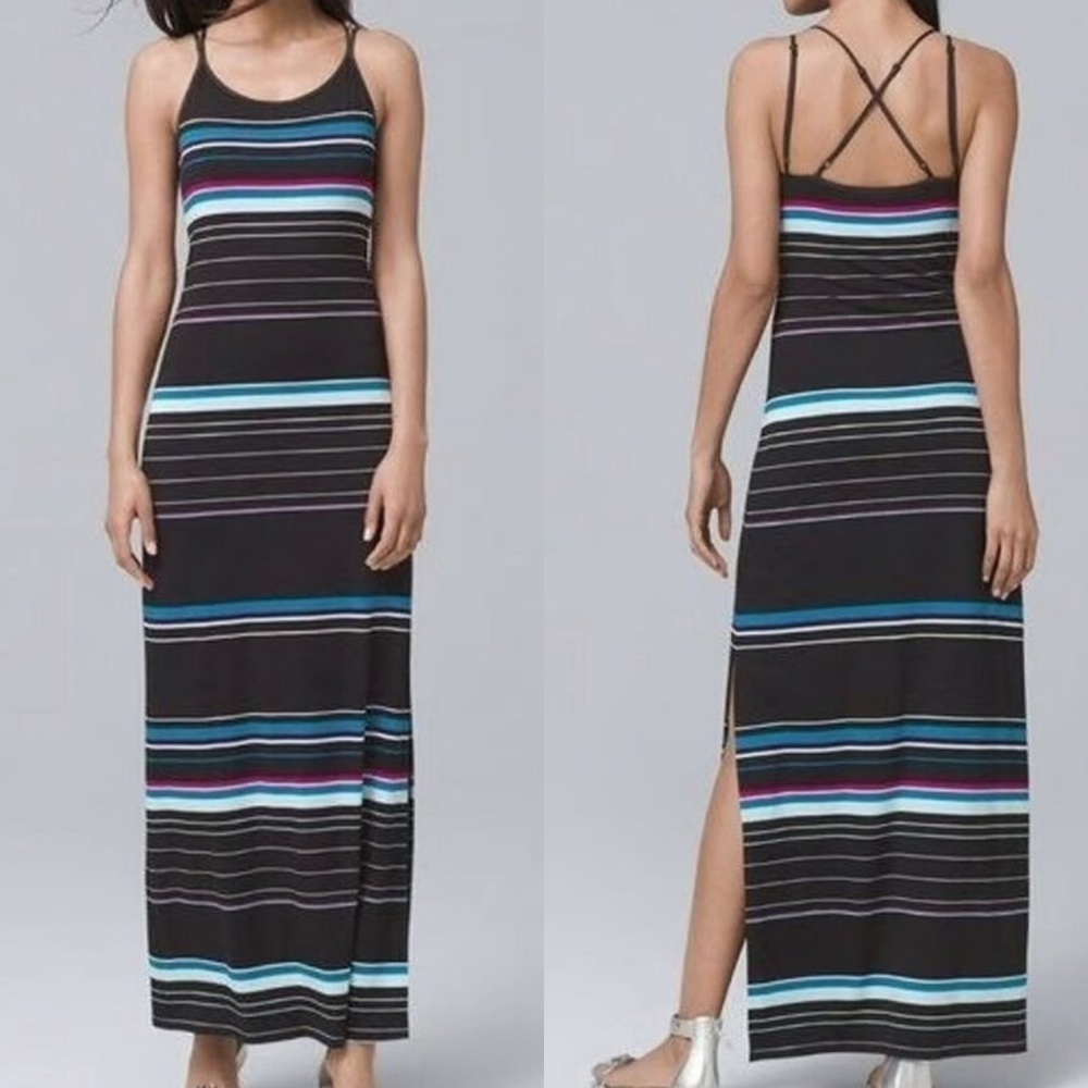 White House Black Market Striped Maxi Dress Criss Cross Back Medium Coastal